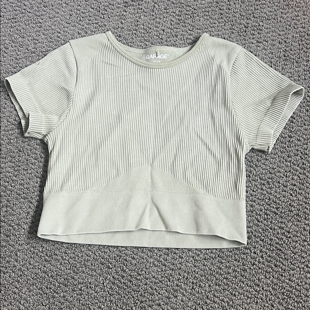 Garage Ribbed Crop Tee in Soft Green /Gray